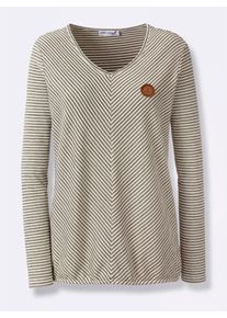Langarmshirt Casual Looks "Shirt", Damen, Gr. 40, gr&uuml;n (oliv, ecru, gemustert), 60% Viskose, 40% Baumwolle, gemustert, gestreift, mehrfarbig, V-Ausschnitt, Shirts Langarmshirt