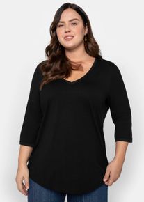 3/4-Arm-Shirt sheego "3/4-Arm-Shirt", Damen, Gr. 48/50, schwarz, 50% Baumwolle, 50% Modal, unifarben, V-Ausschnitt, Shirts 3/4-Arm-Shirt
