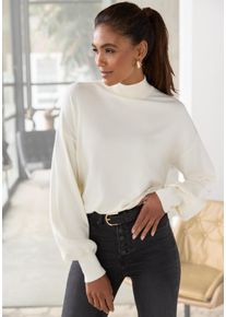 Strickpullover Lascana, Damen, Gr. 40/42, beige (creme), Strick, Obermaterial: 50% Viskose, 25% Polyamid, 25% Polyester, unifarben, figurumspielend h&uuml;ftlang, Rippstrickb&uuml;ndchen, Pullover Strickpullover, mit kleinem Stehkragen, Feinstrickpullover, casual-chic, Topseller