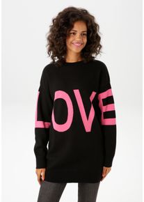 Strickpullover Aniston CASUAL, Damen, Gr. 36, schwarz (schwarz, pink), Strick, Obermaterial: 100% Baumwolle, unifarben mit Farbeinsatz, oversize Po-bedeckend, Rundhals, Strickb&uuml;ndchen, Pullover Strickpullover, mit eingestricktem LOVE-Schriftzug