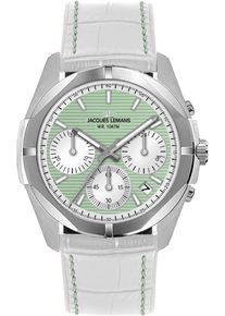 Chronograph Jacques Lemans "Monte Carlo", wei&szlig; (wei&szlig;, hellgr&uuml;n), Armbanduhren, Damen, Chronograph, Quarzuhr, Armbanduhr, Damenuhr, Datum, Stoppfunktion, Lederarmband