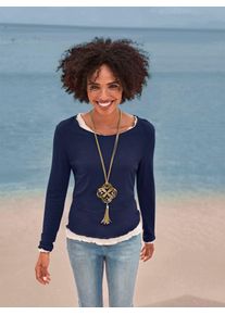 Langarmshirt Heine "Doppelpack Shirts", Damen, Gr. 34, blau (marine, ecru), 95% Viskose, 5% Elasthan, unifarben, Rundhals, Shirts Langarmshirt