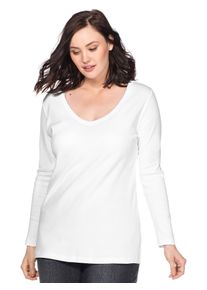 Langarmshirt sheego "Langarmshirt", Damen, Gr. 44/46, wei&szlig;, 100% Baumwolle, unifarben, Rundhals, Shirts Langarmshirt
