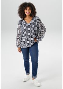 Schlupfbluse ANISTON PLUS, Damen, Gr. 44, blau (marine, wei&szlig;), Web, Obermaterial: 100% Polyester. Futter: 95% Viskose, 5% Elasthan, gemustert, figurumspielend Po-bedeckend, V-Ausschnitt, mit Gummizug, Blusen Schlupfbluse, mit grafischen Druck