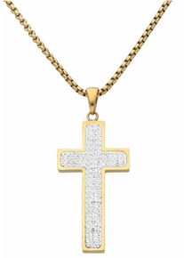 Kreuzkette Firetti "Schmuck Geschenk Halsschmuck Halskette Kreuz glitzernd", gold (goldfarben, kristallwei&szlig;), Halsketten, Damen, Edelstahl, L: 55 B: 2mm, Kreuzkette, mit Kristallstein (synth.), B:2mm