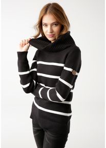 Rollkragenpullover Kangaroos, Damen, Gr. 36/38, schwarz-wei&szlig; (schwarz, wollwei&szlig;), Strick, Obermaterial: 60% Baumwolle, 40% Polyacryl, geringelt, gestreift, normal h&uuml;ftbedeckend, Rippstrickb&uuml;ndchen, Pullover Rollkragenpullover, in l&auml;ssiger Form mit Kontraststreifen