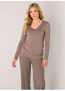 Langarmshirt Base Level, Damen, Gr. 48, grau (schwarz taupe), Web, Obermaterial: 96% Viskose, 4% Elasthan, unifarben, regular fit normal, V-Ausschnitt, Shirts Langarmshirt, mit V-Ausschnitt