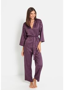 Pyjama LSCN BY LASCANA, Damen, Gr. 46, lila (pflaume gestreift), Satin, Obermaterial: 97% Polyester, 3% Elasthan, gestreift, loose fit lang, Kimono&auml;rmel abgesteppt, Homewear-Sets Pyjama, im Kimono-Stil