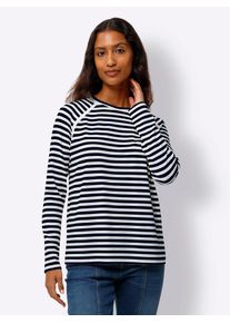Langarmshirt Heine "Langarm-Shirt", Damen, Gr. 34, bunt (marine, ecru, gestreift), 63% Polyester, 33% Viskose, 4% Elasthan, gemustert, gestreift, mehrfarbig, Rundhals, Shirts Langarmshirt
