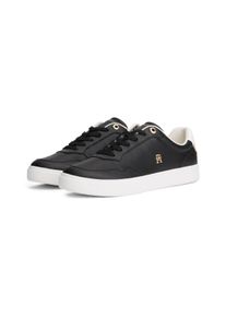 Plateausneaker Tommy Hilfiger "ESSENTIAL ELEVATED COURT SNEAKER", Damen, Gr. 41, schwarz-wei&szlig; (schwarz, wei&szlig;), Leder, Schuhe Plateausneaker, Freizeitschuh, Halbschuh, Schn&uuml;rer mit Ziern&auml;hten und Kontrastbesatz