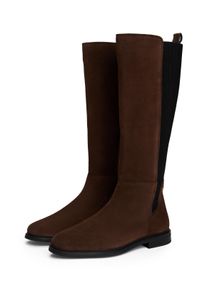 Stiefel Tommy Hilfiger "FLAG SUEDE LONG BOOT", Damen, Gr. 40, Normalschaft, dunkelbraun, Veloursleder, Schuhe Stiefel, Langschaftstiefel, Rei&szlig;verschlussstiefel mit Logoflaggen-Detail