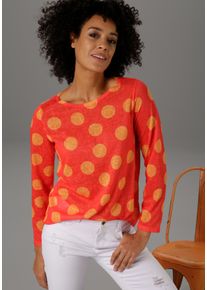 Langarmshirt Aniston CASUAL, Damen, Gr. 34, orange (orangerot, orange), Feinstrick, Obermaterial: 100% Polyester, Leinenoptik, gepunktet, figurumspielend Po-bedeckend, Rundhals, Shirts Langarmshirt, mit Punkten