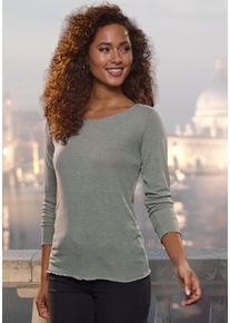 Langarmshirt Lascana "mit feiner Glitzereinfassung", Damen, Gr. 32/34, gr&uuml;n (lindgr&uuml;n), Feinstrick, Obermaterial: 62% Polyester (REPREVE), 34% Viskose, 4% Elasthan, Glanzfaden, unifarben, bequem, tiefer Rundhals, Shirts Langarmshirt, aus weichem Viskose-Feinstrick, Topseller