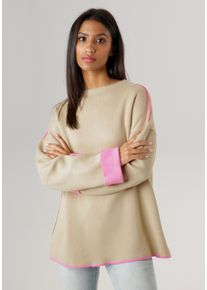 Strickpullover Aniston SELECTED, Damen, Gr. 44, beige (beige, rosa), Feinstrick, Obermaterial: 100% Polyacryl, unifarben mit Farbeins&auml;tzen, oversize h&uuml;ftbedeckend, U-Boot-Ausschnitt, Umschlagsaum kontrastfarben, Pullover Strickpullover, mit rosafarbenen Zierkanten