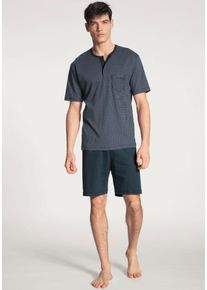 Shorty Calida "Relax Streamline", Herren, Gr. S (46/48), blau (schwarz sapphire), Interlock, Obermaterial: 100% Baumwolle, unifarben, normal kurz, Rundhals, Homewear-Sets Shorty, mit Knopfleiste