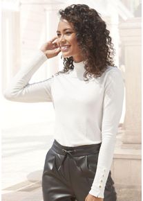 Strickpullover Lascana, Damen, Gr. 32/34, beige (creme), Feinstrick, Obermaterial: 83% Viskose, 15% Polyamid, 2% Elasthan, unifarben, figurbetont h&uuml;ftlang, mit Schlitz, Pullover Strickpullover, mit Zierkn&ouml;pfen am &Auml;rmelabschluss, leichter Rollkragenpullover, Basic, Topseller