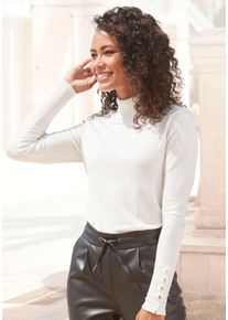 Strickpullover Lascana, Damen, Gr. 36/38, beige (creme), Feinstrick, Obermaterial: 83% Viskose, 15% Polyamid, 2% Elasthan, unifarben, figurbetont h&uuml;ftlang, mit Schlitz, Pullover Strickpullover, mit Zierkn&ouml;pfen am &Auml;rmelabschluss, leichter Rollkragenpullover, Basic, Topseller