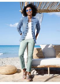 Jeansblazer Heine "Jeans-Blazer", Damen, Gr. 42, blau (blau, bleached), 95% Baumwolle, 3% Polyester, 2% Elasthan, Blazer Jeansblazer