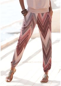 Jerseyhose Lascana, Damen, Gr. 38, N-Gr, rot (sand, bordeaux bedruckt), Jersey, Obermaterial: 100% Viskose, bedruckt, figurumspielend lang, Hosen Jerseyhose, mit Alloverprint und Taschen, Stretchbund, Strandhose, Topseller