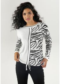 Strickpullover Aniston SELECTED, Damen, Gr. 44, schwarz-wei&szlig; (sanftes wei&szlig;, schwarz), Strick, Obermaterial: 60% Viskose, 40% Baumwolle, l&auml;ssig geschnitten h&uuml;ftbedeckend, Rundhals, B&uuml;ndchen, Pullover Strickpullover, mit Tunnelzug am Saum und gl&auml;nzendem Band