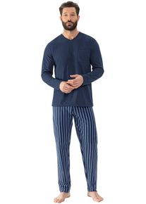 Schlafanzug Mey "Straight", Herren, Gr. XL, blau (yacht blau), Single Jersey, Obermaterial: 100% Baumwolle, bequem lang, V-Ausschnitt, Homewear-Sets Schlafanzug, Langarm-Shirt mit Brusttasche
