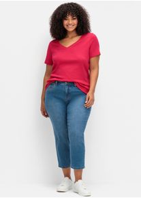 Bequeme Jeans sheego, Damen, Gr. 52, Normalgr&ouml;&szlig;en, blau (blau denim), 99% Baumwolle, 1% Elasthan, unifarben, 7/8-L&auml;nge, Jeans Bequeme Jeans