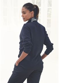 Sweatjacke BENCH. LOUNGEWEAR, Damen, Gr. 40/42, schwarz, Interlock, Obermaterial: 100% Baumwolle, unifarben, Basic, figurbetont normal, B&uuml;ndchen, Sweatjacken Sweatjacke, mit gl&auml;nzender Logostickerei am Stehkragen, Loungeanzug, Topseller