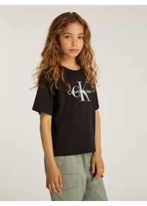 Rundhalsshirt Calvin Klein Jeans "MONOLOGO GLITTER SS T-SHIRT", M&auml;dchen, Gr. 8 (128), schwarz (ck schwarz), Single Jersey, Obermaterial: 100% Baumwolle, bedruckt, gl&auml;nzend, unifarben, regular fit, tiefer Rundhals, normaler Saum, Shirts Rundhalsshirt, f&uuml;r Kinder bis 16 Jahre mit Logoschriftzug