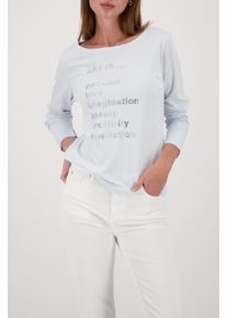 Langarmshirt monari "Shirt Schmuckschrift", Damen, Gr. 42, ice blau, Web, Obermaterial: 100% Baumwolle, unifarben, regular fit normal, U-Boot-Ausschnitt, eingesetzt gerader Abschluss, Shirts Langarmshirt, Regular fit mit U-Boot-Ausschnitt