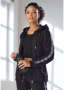 H.I.S. Kapuzensweatjacke H.I.S, Damen, Gr. XS (32/34), schwarz, Interlock, Obermaterial: 100% Baumwolle, unifarben mit Farbeinsatz, bequem h&uuml;ftlang, Rippb&uuml;ndchen, Sweatjacken Kapuzensweatjacke, mit seitlichem Tapestreifen, Topseller