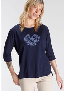 Langarmshirt Ragwear "RAG Longsleeve SHIMONA O PRINTED", Damen, Gr. S (36), blau (navy), Single Jersey, Obermaterial: 50% Polyester, 38% Baumwolle, 12% Viskose, bedruckt, kontrastfarbene Details, mehrfarbig, figurumspielend, Rundhals, Shirts Langarmshirt, mit Frontdruck und Zierknopf, hinten l&auml;nger geschnitten