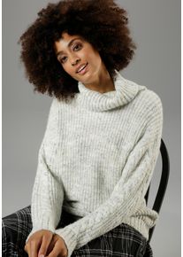 Rollkragenpullover Aniston CASUAL, Damen, Gr. 34, grau (wollwei&szlig;, hellgrau, meliert), Grobstrick, Obermaterial: 85% Polyacryl, 8% Nylon, 7% Wolle, meliert, figurumspielend h&uuml;ftlang, Pullover Rollkragenpullover, aus trendigem Melange-Garn