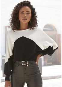 Strickpullover Lascana, Damen, Gr. 44/46, schwarz-wei&szlig; (wei&szlig;, schwarz), Strick, Obermaterial: 50% Viskose, 28% Polyester, 22% Polyamid, figurumspielend h&uuml;ftlang, Rundhals, extrabreites B&uuml;ndchen, Pullover Strickpullover, mit Colorblock-Optik und leichten Fledermaus&auml;rmeln