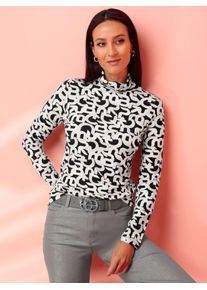 Rollkragenshirt Heine "Druck-Shirt", Damen, Gr. 46, blau (marine, ecru, bedruckt), 95% Viskose, 5% Elasthan, bedruckt, gemustert, mehrfarbig, Shirts Rollkragenshirt