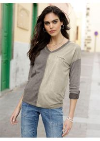 Langarmshirt Heine "Shirt", Damen, Gr. 38, braun, 95% Polyester, 5% Elasthan, gemustert, unifarben, V-Ausschnitt, Shirts Langarmshirt