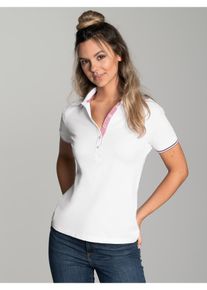 Poloshirt TRIGEMA "TRIGEMA Slim Fit Poloshirt mit kontrastfarbigen Akzenten", Damen, Gr. L, wei&szlig;, Piqu&eacute;, 94% Baumwolle, 6% Elasthan, Basic, ohne Ausschnitt, Shirts Poloshirt