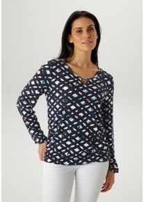 Langarmshirt Aniston SELECTED, Damen, Gr. 44, marine, t&uuml;rkis, wollwei&szlig;, petrol, hellblau, Single Jersey, Obermaterial: 95% Viskose, 5% Elasthan, bedruckt, gemustert, figurumspielend h&uuml;ftbedeckend, Rundhals, elastischer Bund mit Gummizug, Shirts Langarmshirt, mit Cut-out und dekorative Mosaik-Musterung - NEUE KOLLEKTION, Topseller