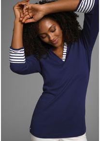 3/4-Arm-Shirt Kangaroos, Damen, Gr. 40/42, blau (marine, wei&szlig;), Rippware, Obermaterial: 100% Baumwolle, geringelt, gestreift, unifarben mit Farbeins&auml;tzen, sehr figurbetont h&uuml;ftlang, Rundhals, Shirts 3/4-Arm-Shirt, 3/4-Arm, figurbetonte Passform, mit Logodruck, Topseller