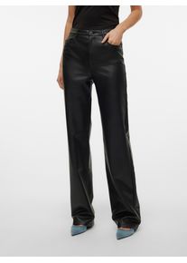 V&eacute;ro Moda Lederimitathose VERO MODA "VMTESSA HR WIDE PL PANTS NOOS", Damen, Gr. 33, L&auml;nge 32, schwarz, Web, Obermaterial: 96% Polyester, 4% Elasthan, unifarben, oversize normal, Hosen Lederimitathose