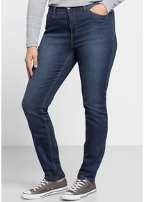 Stretch-Jeans sheego, Damen, Gr. 44, Normalgr&ouml;&szlig;en, blau (dunkelblau denim), 37% Viskose, 34% Baumwolle, 27% Polyester, 2% Elasthan, unifarben, lang, Jeans Stretch-Jeans