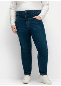 Stretch-Jeans sheego, Damen, Gr. 52, Normalgr&ouml;&szlig;en, blau (dunkelblau denim), 99% Baumwolle, 1% Elasthan, unifarben, lang, Jeans Stretch-Jeans