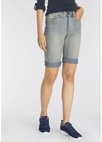 Jeansbermudas Arizona, Damen, Gr. 46, N-Gr, blau (blau bleache), Denim/Jeans, Obermaterial: 79% Baumwolle, 19% Polyester, 2% Elasthan, Basic, schmal kniefrei, Jeans Jeansbermudas, schmale Passform, krempelbarer Saum, Usedwaschung, hohe Leibh&ouml;he