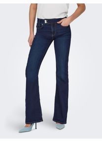 Bootcut-Jeans Only "ONLPAOLA HW FLARED BJ143 JNS DNM", Damen, Gr. M, L&auml;nge 30, dunkelblau denim, Denim/Jeans, Obermaterial: 70% Baumwolle, 29% Polyester, 1% Elasthan, unifarben, ausgestellt lang, Jeans Bootcut-Jeans, mit doppeltem Knopfverschluss