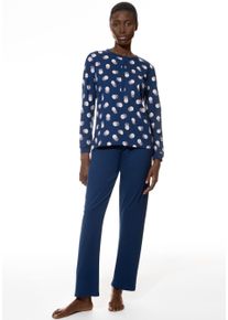 Schlafanzug Mey "Scribbled Dots", Damen, Gr. 48, blau (deep marine), Single Jersey, Obermaterial: 100% Baumwolle, lang, Rundhals, angesetztes B&uuml;ndchen, Homewear-Sets Schlafanzug, Baumwolle, modern, bequem, gerade Form, Knopfleiste, Rundhals