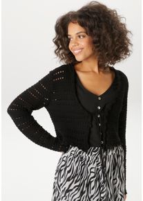 Strickjacke Aniston CASUAL, Herren, Gr. 40, schwarz, Strick, Obermaterial: 100% Baumwolle, unifarben, figurumspielend taillenlang, V-Ausschnitt, gewellter Abschluss, Strickjacken Strickjacke, im trendigen Ajour-Muster-Mix - NEUE KOLLEKTION