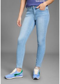 Slim-fit-Jeans Kangaroos "CROPPED HIGH WAIST SLIM FIT", Damen, Gr. 36, N-Gr, blau (light blau u), Denim/Jeans, Obermaterial: 80% Baumwolle, 18% Polyester, 2% Elasthan, Abriebeffekte, Basic, extraeng kn&ouml;chellang, Jeans Slim-fit-Jeans, schmale Passform, R&ouml;hrenjeans, trendige Used-Waschung