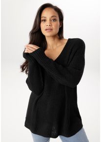 Strickpullover ANISTON PLUS, Damen, Gr. 48, schwarz, Strick, Obermaterial: 100% Polyacryl, l&auml;ssig geschnitten Po-bedeckend, V-Ausschnitt, Rippstrickb&uuml;ndchen, Pullover Strickpullover, im dezenten Ajour-Strickmuster