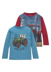 Langarmshirt Kidsworld "Traktoren", Jungen, Gr. 116/122, bunt (rot, t&uuml;rkis), Single Jersey, Obermaterial: 100% Baumwolle. Obermaterial Vorderteil: 100% Polyester. Vorderteil: 100% Polyester, bedruckt, Basic, Rundhals, Shirts Langarmshirt, Langarm, Basic-Passform, bedruckt, Topseller