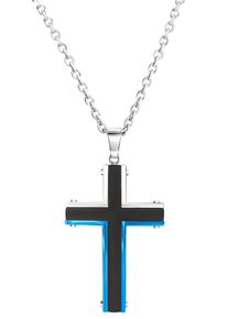 Kette mit Anh&auml;nger Firetti "Schmuck Geschenk Kreuz", bunt (edelstahlfarben, schwarz, blau), Halsketten, Herren, Edelstahl, L: 55 B: 3mm, Kette mit Anh&auml;nger, B:3mm