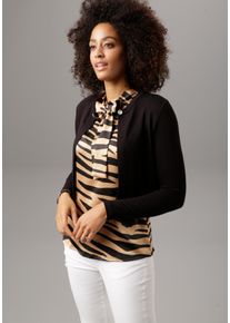 Bolero Aniston SELECTED, Damen, Gr. 36, schwarz, Feinstrick, Obermaterial: 94% Viskose, 6% Elasthan, unifarben, figurumspielend taillenlang, Rundhals, Strickjacken Bolero, mit funkelndem Verschlussknopf, Topseller